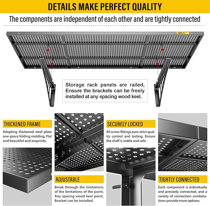 2Pack 1.64x4ft Adjustable Metal Garage Wall Shelving Heavy Duty Garage Storage Shelf Wall Mounted Black