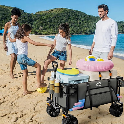 Collapsible Wagon Cart Heavy Duty Foldable, Folding Beach Wagon with Big Wheels for Sand, Utility Grocery Cart with Side Pocket and Brakes for Camping Sports Outdoor Activities, Grey