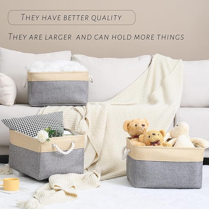 Organization and Storage Basket for Organizing - Large 4 Pack 16x12x8 inch Collapsible Baskets for Shelves Fabric Storage Cube, Storage Bins for Laundry Cloth Books Gift (Gold & Grey)