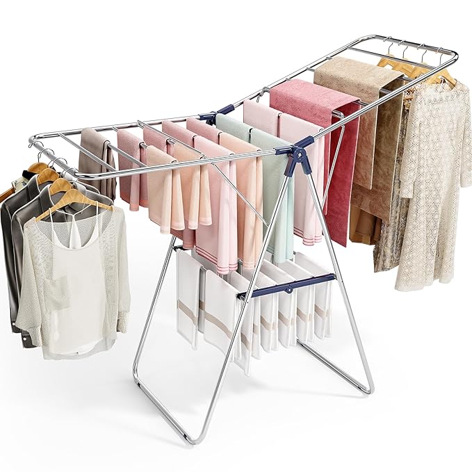 APEXCHASER Clothes Drying Rack, Stainless Steel Drying Rack Clothing with Height-Adjustable, Foldable Gullwings Laundry Drying Rack, Indoor Outdoor Use, No Assembly