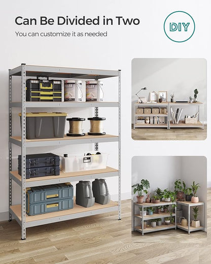 SONGMICS 5-Tier Storage Shelves, Load 2310 lb, Set of 2 Garage Storage, Boltless Assembly, Adjustable Shelving Unit, 23.6 x 47.2 x 70.9 Inches, for Study Shed Basement, Silver UGLR600E02