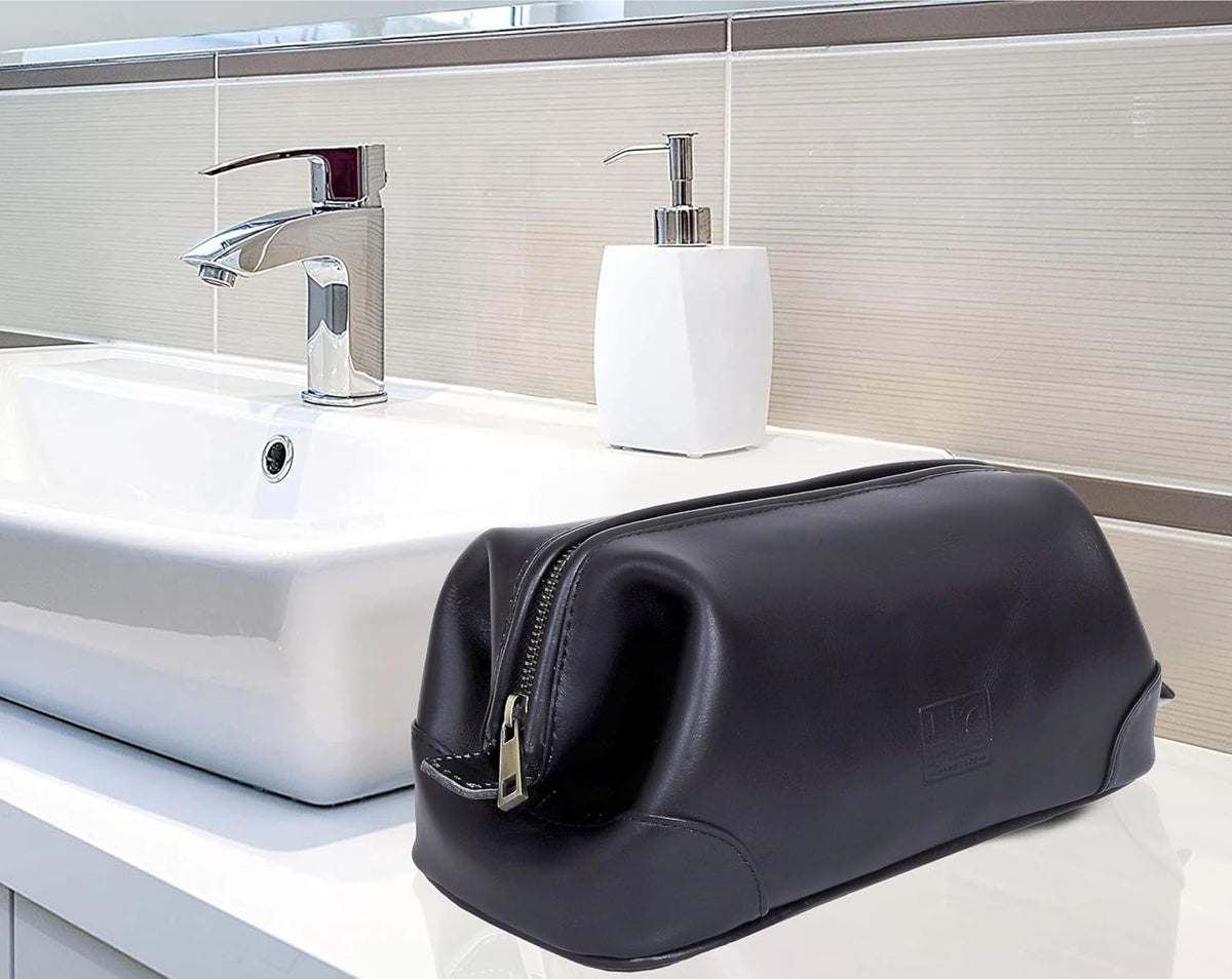 HLC Leather Toiletry Bag for Men Best Gift Premium Genuine Leather Dopp Kit Shaving Kit Organizer Travel Kit Pouch Bag for Men Large Size Black