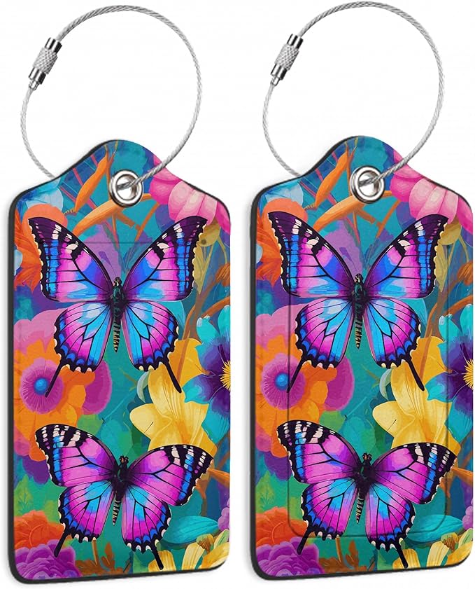 2 Pack Luggage Tag for Suitcase,Groovy Flowers Butterflies Leather Suitcase Tags Identifiers with Privacy Name Address Labels and Durable Steel Loop for Women Men Travel