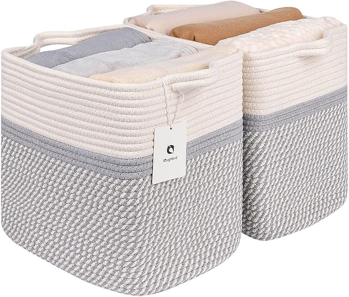 Medium and Large Woven Basket//With Handle, Used for Toys and Fabric Storage Basket used for Storing xl Storage Box, Decorative Storage Box Room 2pack (14L*12H YWhite/Gray, 14L*10W*12H)