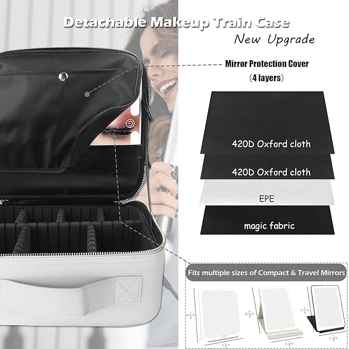 MOMIRA Travel Makeup Bag Cosmetic Bag Makeup Organizer Bag with Lighted Mirror, Adjustable Brightness in 3 Color Scenarios, Waterproof Makeup Train Case, Gift for Women - Silver