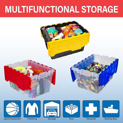 Akro-Mils KeepBox 12 Gallon Storage Container, Nesting and Stackable Plastic Storage Box with Lid Attached, Clear Tote for Garages, Closets, and Moving, 21-1/2" x 15" x 12-1/2", Black/Yellow, 6-Pack