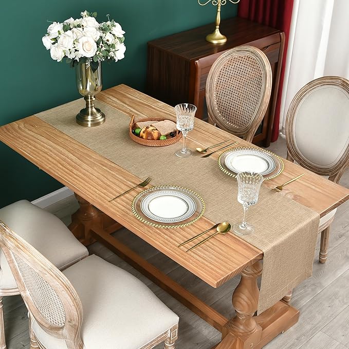 NEWISHER Farmhouse Rustic Table Runner Solid Flaxen Rectangular Table Runners Faux Linen Table Runner for Everyday Use Kitchen Dining Party Table 13x90 Inch