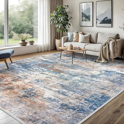 IOHOUZE Abstract Area Rugs 8x10 Ft Washable Large Rugs for Living Room, Non Slip Dining Room Rug, Printed Faux Wool Rugs for Bedroom, Floor Carpet for Office Nursery Playroom, Blue Rust