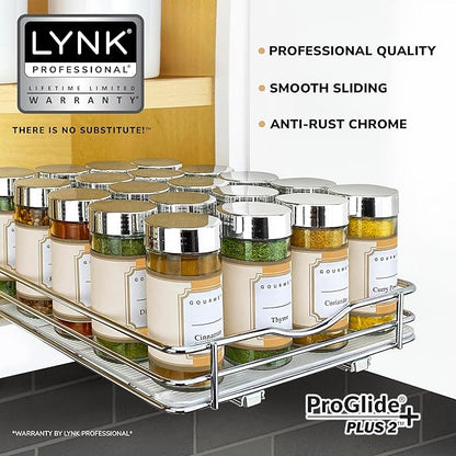 LYNK PROFESSIONAL® Pull Out Spice Rack Organizer for Inside Kitchen Cabinets - 8-1/4 inch Wide - Slide Out Drawer – Chrome Sliding Spice Cabinet Organization Shelf Racks - 1 Tier