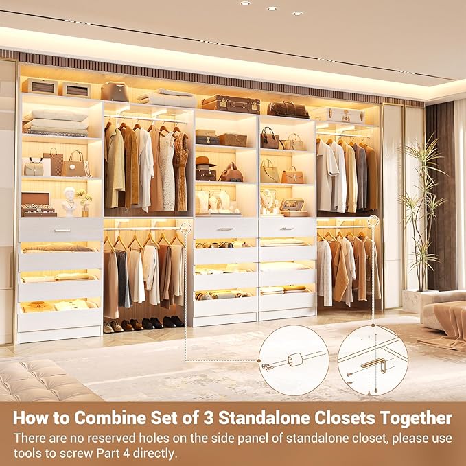 Aheaplus Closet System Set of 3, 138.5" Wood Closet Organizer System Tower with 12 Drawers & 4 Hanging Rods, 6.7+4.85Ft L Shaped Walk-in Closets Wardrobe Organizer Garment Rack with Shelves, White