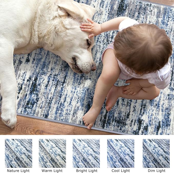 Modern Abstract Runner Rug 2.6x18, Grey Blue White Washable Long Kitchen Runner Non-Slip Soft Hallway Rug Runner Thin Print Faux Wool Carpet for Entryway Bedroom Laundry Room Indoor Home Decor