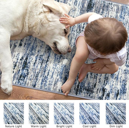 Modern Abstract Hallway Runner Rug, Grey Blue White Washable Kitchen Runner Non-Slip Soft 2x8 Runner Rug Thin Print Faux Wool Carpet for Entryway Bedroom Laundry Room Indoor Home Decor