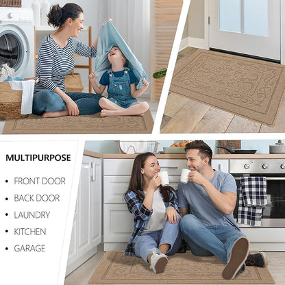 FONEYI Indoor Door Mat 24" x 36", Dirt Trapper Door Mats Non-Slip Entryway Rugs Washable, Absorbent Resist Dirt Welcome Mat, Low Profile Inside Floor Mats for Front Back Door and Entryway, Beige