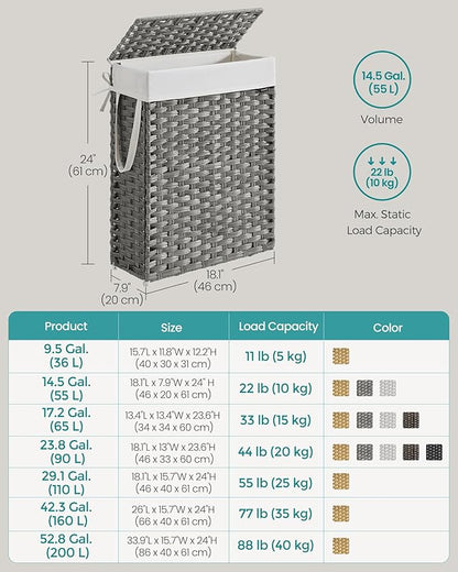 SONGMICS Slim Laundry Hamper with Lid, 14.5 Gallon (55L) Rattan Clothes Laundry Basket with Lid and Handles, Foldable, Removable Liner, Dove Gray ULCB164G01