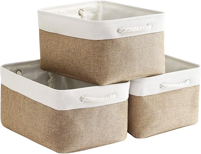 Fabric Storage Baskets - Rectangular Baskets for Organizing Fabric, Shelves & Decorative Use (White & Khaki)
