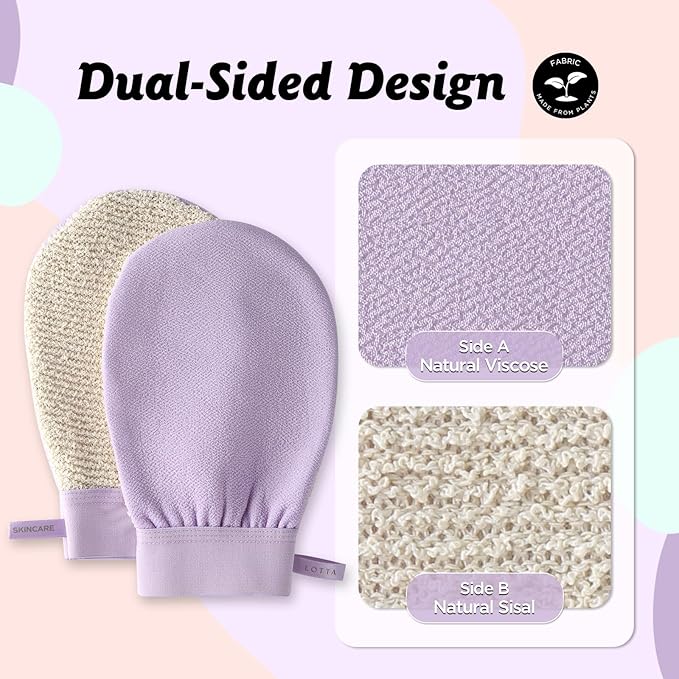 LOTTA Dual-Sided Exfoliating Gloves - Natural Viscose & Sisal for Deep Body Scrub & Massage - Gentle for Sensitive Skin - Replaces Loofah (Purple-Medium)