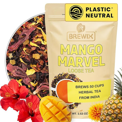 BREWIX, Mango Marvel Herbal Loose Tea (50+ Cups) | Made with Hibiscus, Mango, Pineapple, Orange Peel, Strawberry | Non-Caffeinated | Make Hot or Iced | Resealable Pouch