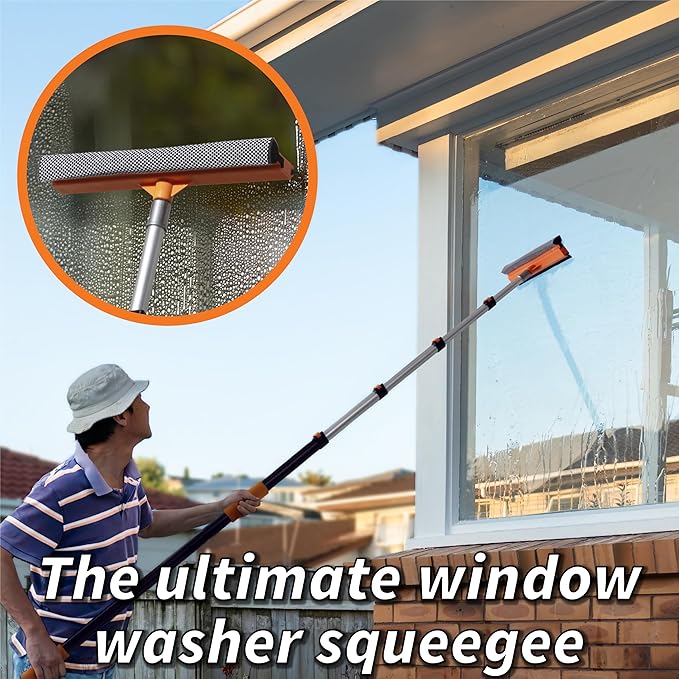 4-12 ft Window Washer Squeegee Kit with Extension Pole (20+ Foot Reach) // Long Handle Squeegee for Window Cleaning & Car Cleaning Multi-Use//Telescopic Professional Window Cleaning Squeegee for Home