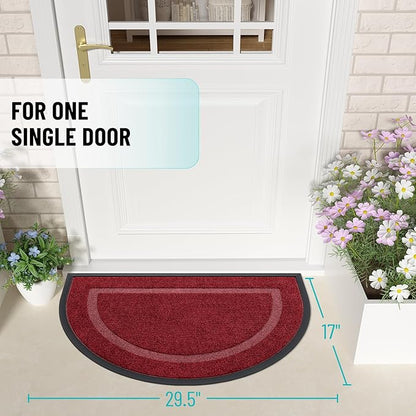 OLANLY Half Circle Door Mat Indoor Outdoor Entrance Welcome, Waterproof All-Season, All-Weather Doormat, Sturdy Natural Rubber, Low Profile, Easy Clean Patio Porch Entryway Mat, 29.5x17, Wine Red