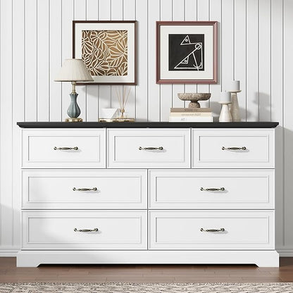 7 Drawer Dresser for Bedroom, 57" Wide Wooden Chest of Drawers, Rustic Farmhouse Dresser with Large Drawers & Metal Handles, Modern Storage Organizer for Closet, Living Room, Hallway, White