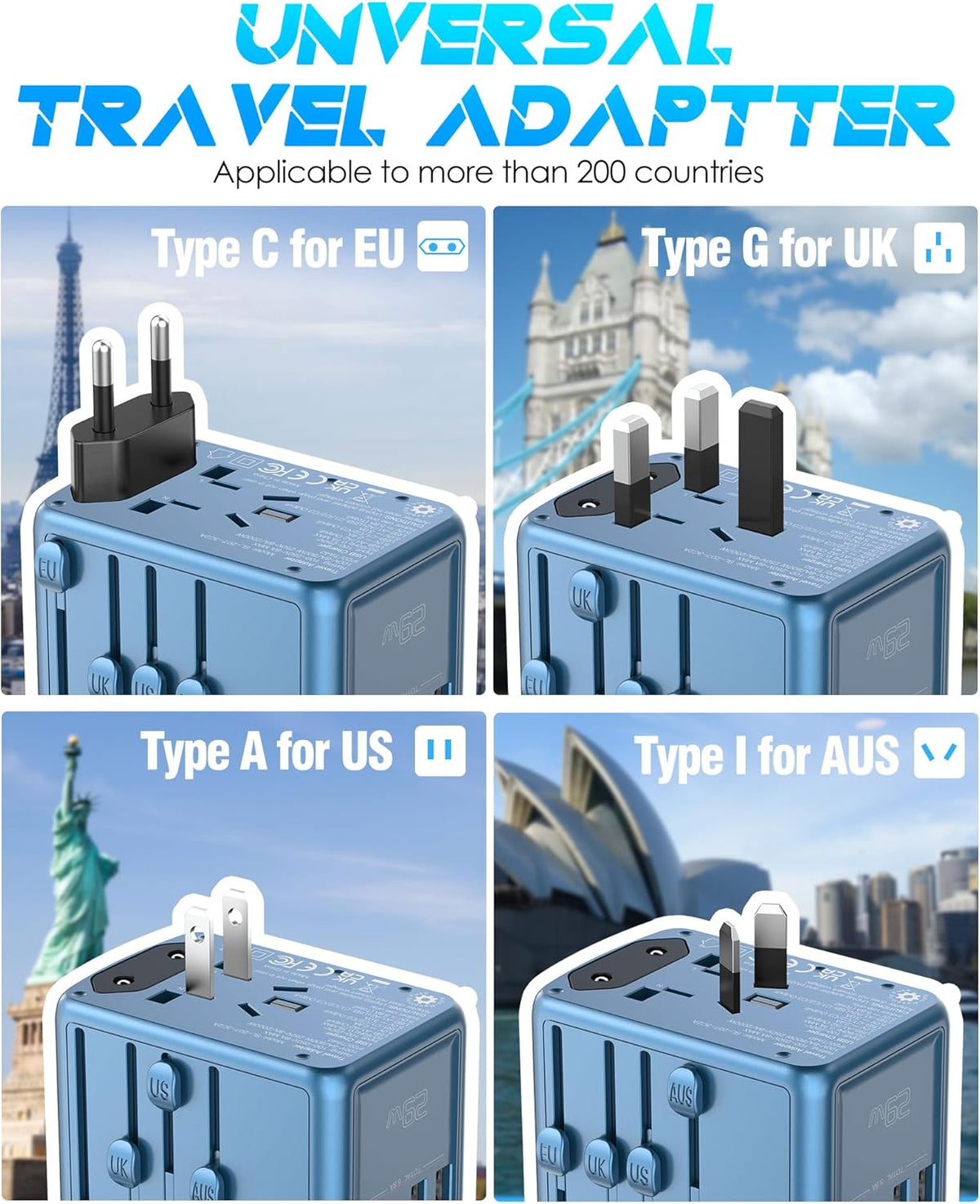 Universal Travel Adapter Offers 6.0A 3X 3.0A USB-C Ports, 2X 2.4A USB-A Ports and Multi AC Outlet, International Power Plug Adapter Worldwide Travel Charger for EU USA UK AUS (Blue)