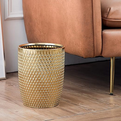Modern Golden Small Trash Can Wastebasket, Garbage Container Bin for Bathrooms, Powder Rooms, Kitchens, Home Offices - Durable Ceramics - Round
