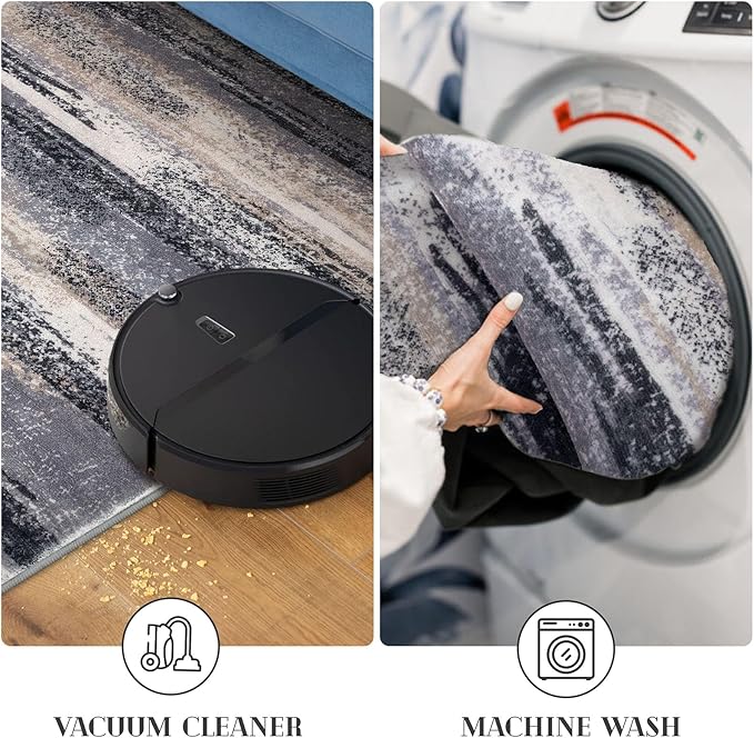 Modern Abstract Runner Rug 2.6x10, Grey Black Multi Washable Long Kitchen Runner Non-Slip Soft Hallway Rug Runner Thin Print Faux Wool Carpet for Entryway Bedroom Laundry Room Indoor Home Decor