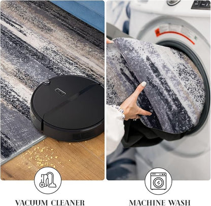 Modern Abstract Runner Rug 2.6x10, Grey Black Multi Washable Long Kitchen Runner Non-Slip Soft Hallway Rug Runner Thin Print Faux Wool Carpet for Entryway Bedroom Laundry Room Indoor Home Decor