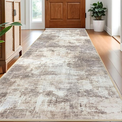 IOHOUZE Abstract Runner Rug 3x8 Ft Washable Runners for Hallways, Non Slip Kitchen Runner Printed Faux Wool Entryway Runner Indoor, Modern Abstract Floor Carpet for Hall Kitchen Bedroom, Beige Brown