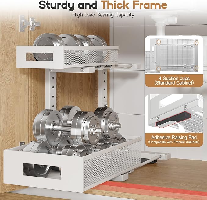 1 Pack-11.4"-16.14"H Under Sink Storage Organizer, Large 2-Tier Elegant Mesh Pull Out Shelf for Kitchen and Bathroom Cabinet Organization, L-Shaped and Adjustable Height Design for Maximum Space-White