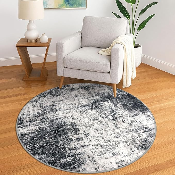 IOHOUZE Round Area Rug 5 Ft Circle Entryway Rugs Round Washable Door Mat Indoor Entrance, Non Slip Circle Front Door Rug, Printed Abstract Faux Wool Floor Carpet for Foyer Porch Sink, Black Grey