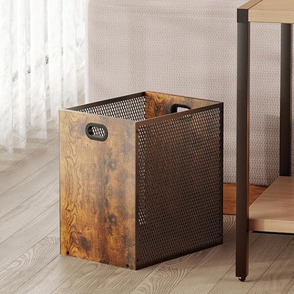 Retro Office Trash Can, Iron and Wood Combination Bedroom Garbage Can, Rectangular Design Wastebasket with Handle, Industrial Style Trash Can for Home Office, 11.02" X 7.87" X 11.81" 4.5 Gallon (2)