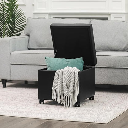 Adeco 17.7" Leather Ottoman with Wheels, Black Square Rolling Ottoman with Storage, Upholstered Button Tufted Vanity Stool with Hinged Lid for Living Room, Bedroom, Dorm