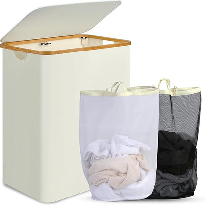 efluky Laundry Hamper with Lid, 160L Tall Laundry Basket with Bamboo Handles for Clothes and Toys, Collapsible Laundry Hamper with 2 Inner Bags for Bedroom and Bathroom, Beige