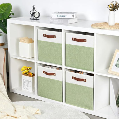 DULLEMELO Fabric Storage Cubes, 12x12 Storage Cube Bins for Organizing, Foldable Storage Baskets Square Cloth Bins for Cube Storage, Cube Organizer for Storage,White&Green
