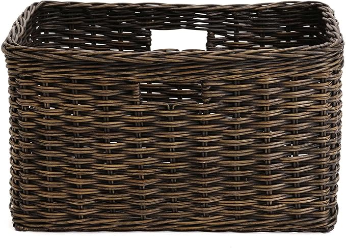 The Basket Lady Tall Rectangular Wicker Storage Basket, Small, 16.5 in L x 10.5 in W x 10.5 in H, Antique Walnut Brown