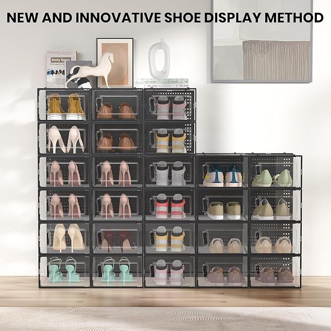 12 Pack XXX-Large Modular Clear Plastic Stackable Shoe Storage Organizer for Closet, Space Saving Versatile Sneaker Shoe Rack Containers Bins Holders, Portable Closet Organizers and Storage, Black