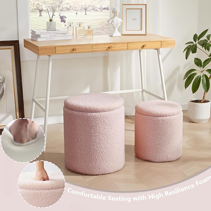 Boucle Round Ottoman with Storage Set of 2,Small Foot Stool Ottoman for Living Room, Small Coffee Table,Vanity Stool with Storage for Bedroom, Pink