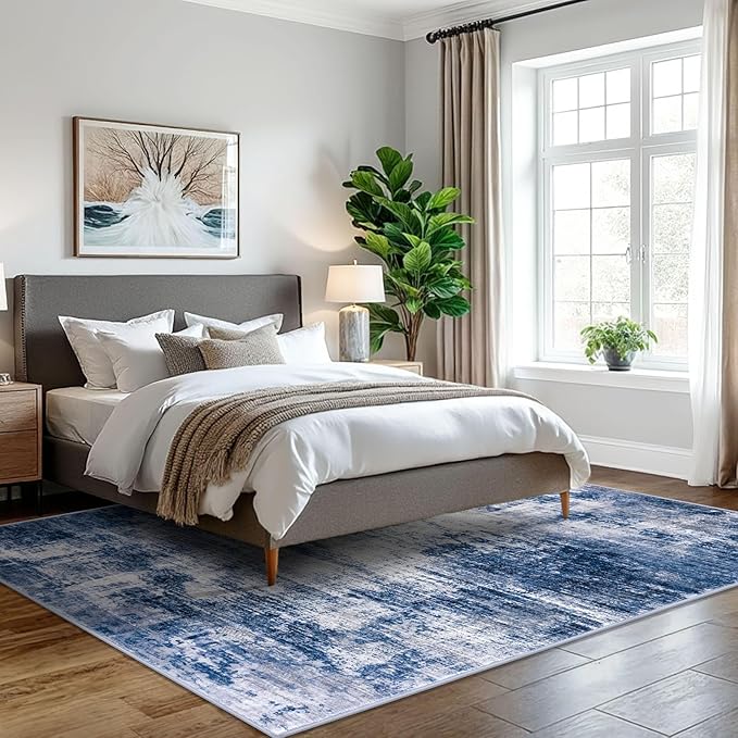 IOHOUZE Abstract Area Rugs 5x7 Ft Washable Rugs for Living Room, Non Slip Dining Room Rug, Printed Faux Wool Rugs for Bedroom, Floor Carpet for Kitchen Nursery Playroom, Navy/Grey