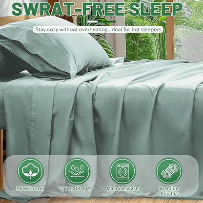 Extra Deep Pocket Queen Sheets 18-24 Inch 100% Egyptian Cotton 1000 Thread Count Sateen Weave Soft Breathable 4 Pieces（Queen,Sage Green）