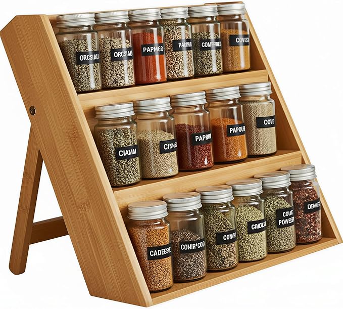 Bamboo Spice Rack Organizer for Kitchen Counter, 3 Tier Foldable Spice Shelf for Cabinet or Drawer (Jars Not Included)