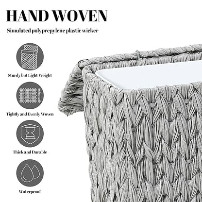 3 Gallon Wicker Trash Can,Grey Bathroom Trash Cans with Lid,Waterproof Slim Waste Basket for Bedroom,Home Office,Narrow Garbage Can with Removable Liner