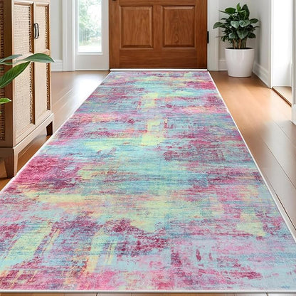 IOHOUZE Abstract Runner Rug 3x8 Ft Washable Runners for Hallways, Non Slip Kitchen Runner Printed Faux Wool Entryway Runner Indoor, Modern Abstract Floor Carpet for Hall Kitchen Bedroom, Pink Teal