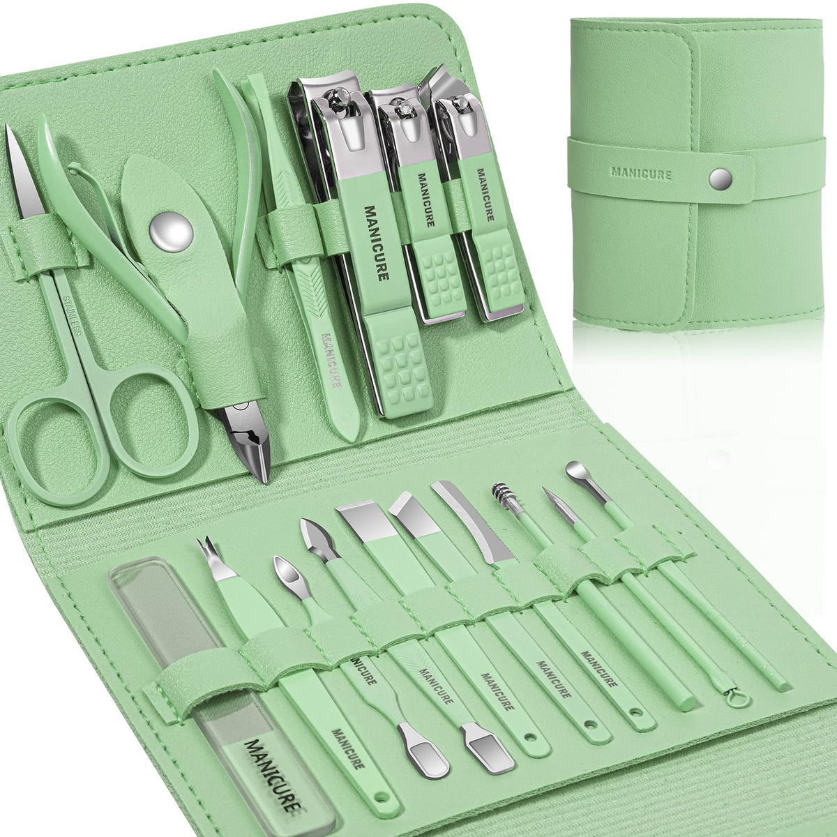 Manicure Set Professional Nail Clippers Pedicure Kit, 16 pcs Stainless Steel Nail Care Tools Grooming Kit with Luxurious Travel Leather Case for Thick Nails Men Women Gift (Green)