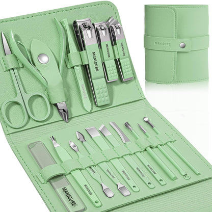 Manicure Set Professional Nail Clippers Pedicure Kit, 16 pcs Stainless Steel Nail Care Tools Grooming Kit with Luxurious Travel Leather Case for Thick Nails Men Women Gift (Green)