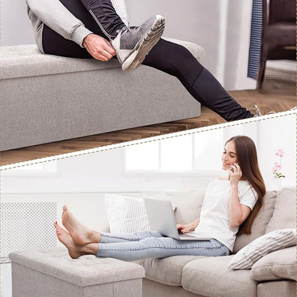 Athena Collection 43" Storage Ottoman Bench Folding Bench with 130L Hidden Storage, Large End of Bed Bench Linen Foot Rest Stool Chest with Flipping Lid for Living Room Bedroom Entryway, Sandy Beige