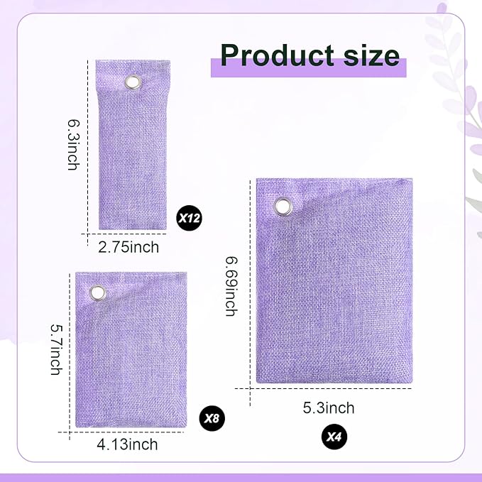 Nuanchu 24 Pcs Activated Charcoal Odor Absorber 50g/100g/200g, Air Purifying Bamboo Charcoal Bags, Natural Shoe Odor Absorber, Deodorizer Absorbers for Fresh Car Home Closet Pet Basement Smell(Purple)