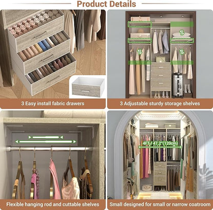 4FT Small Closet System with 3 Fabric Drawers, 48'' Closet Organizer System With 3 Adjustable Shelves, Flexible Built-In Clothes Garment Rack for Small Space, 48"L x 13"W x 71"H, White Oak