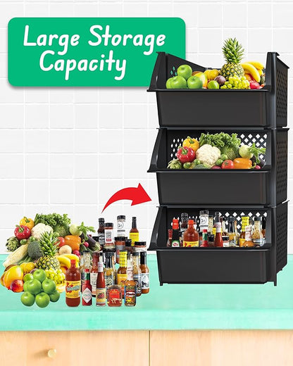 Skywin Plastic Stackable Storage Bins for Pantry - 3 Pack, Black Stackable Bins For Organizing Food, Kitchen, and Bathroom Essentials