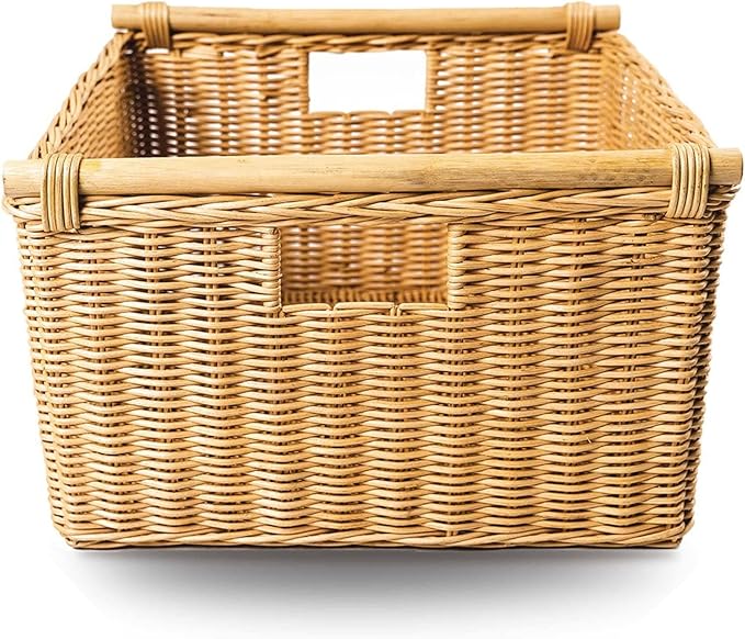 The Basket Lady Deep Pole Handle Wicker Storage Basket, Medium, 13.5 in L x 14 in W x 9 in H, Sandstone